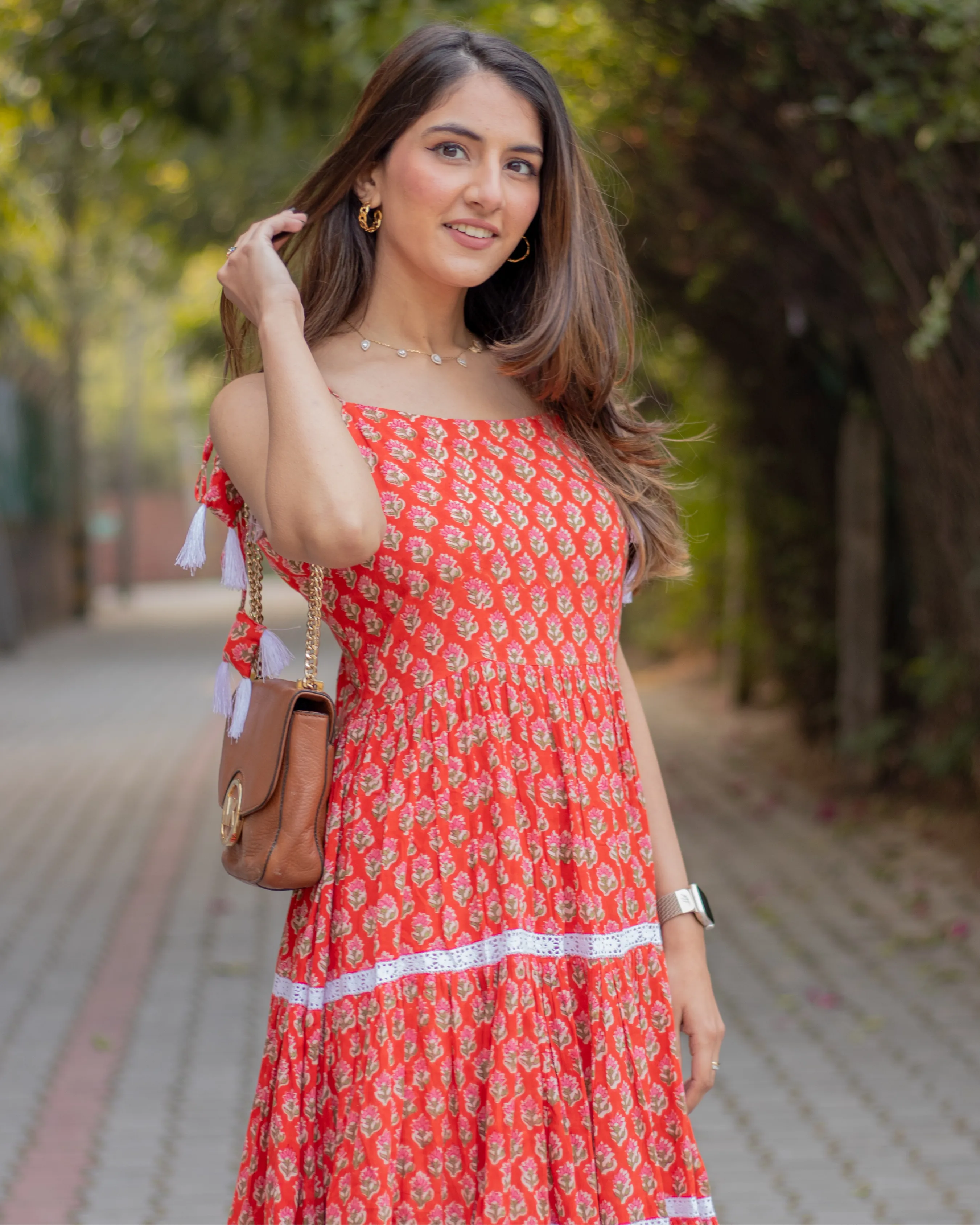 ORANGE PEEL HANDBLOCK COTTON DRESS