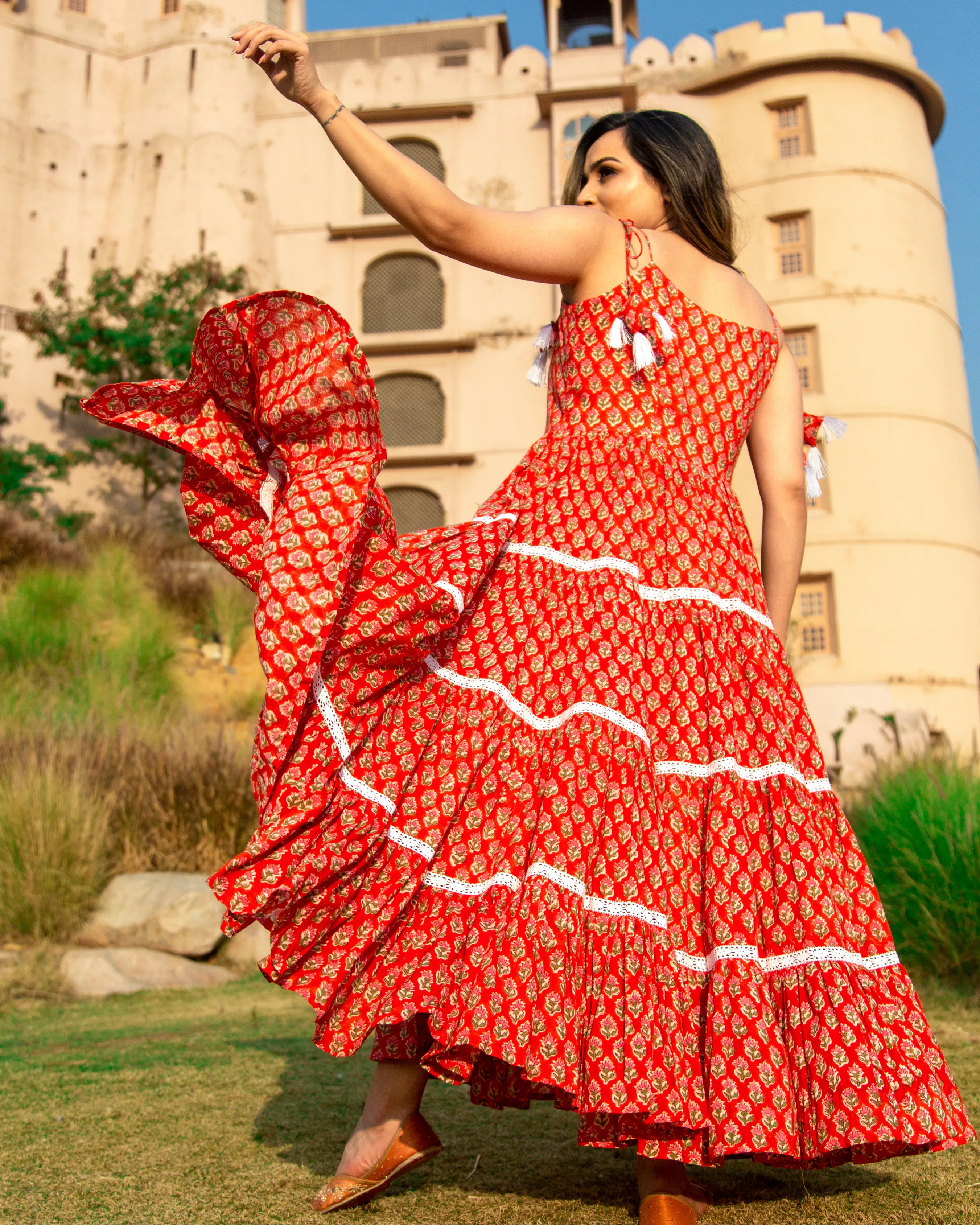 ORANGE PEEL HANDBLOCK COTTON DRESS