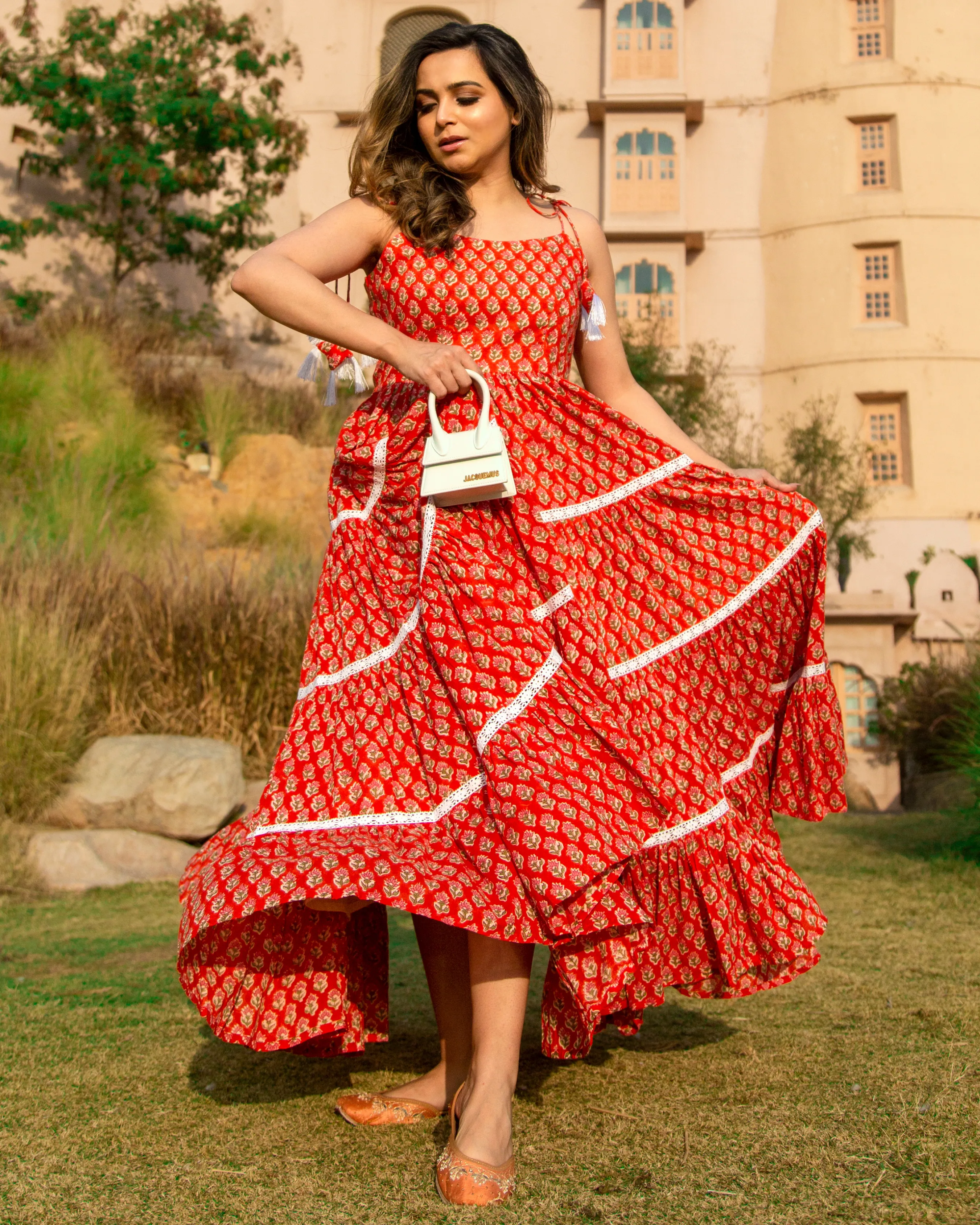 ORANGE PEEL HANDBLOCK COTTON DRESS