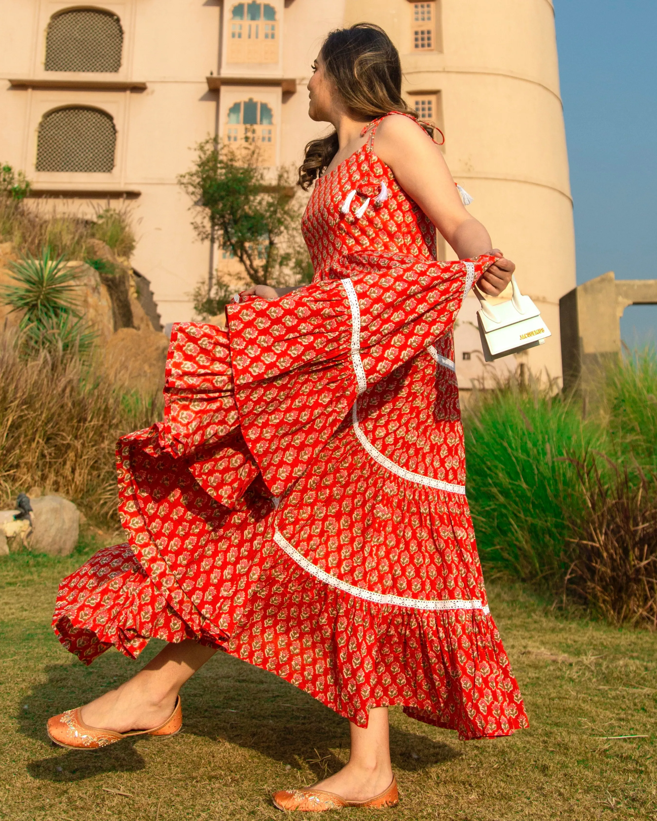 ORANGE PEEL HANDBLOCK COTTON DRESS