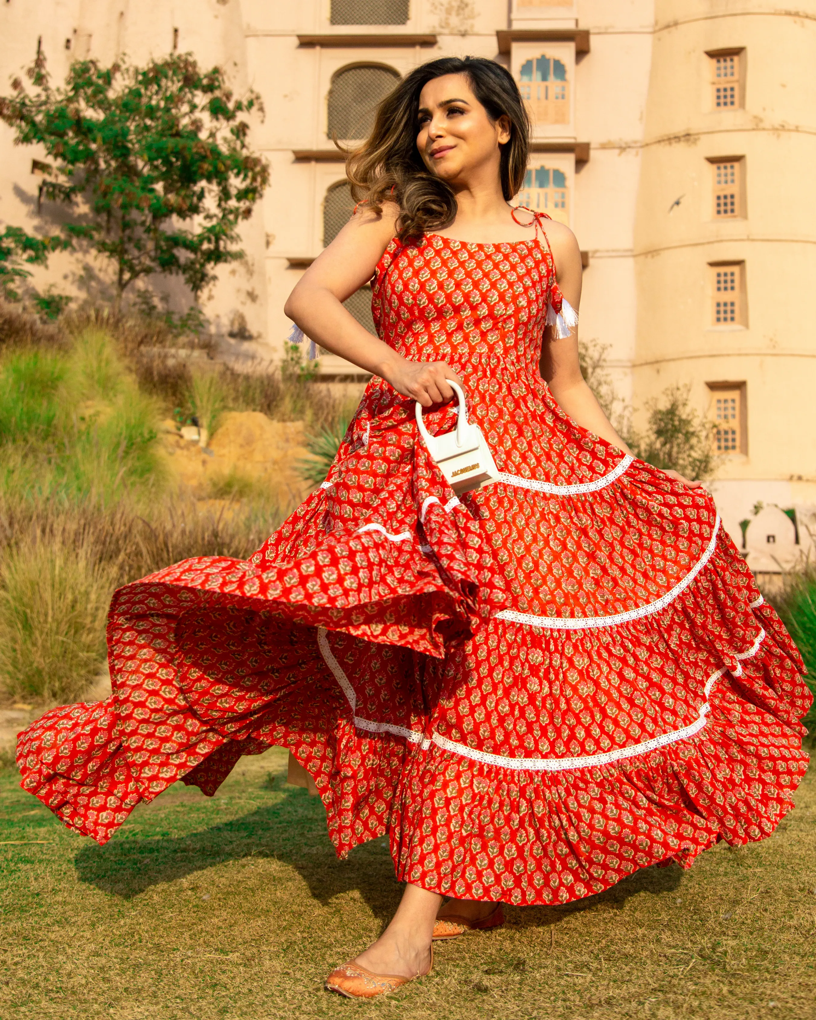 ORANGE PEEL HANDBLOCK COTTON DRESS