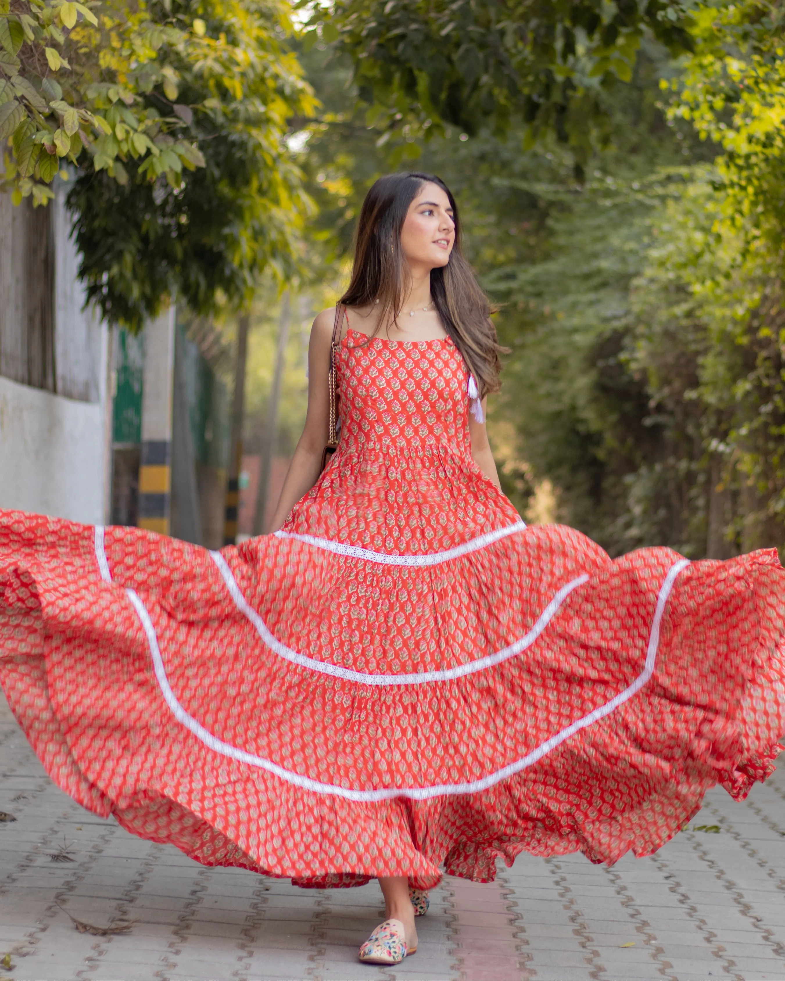 ORANGE PEEL HANDBLOCK COTTON DRESS