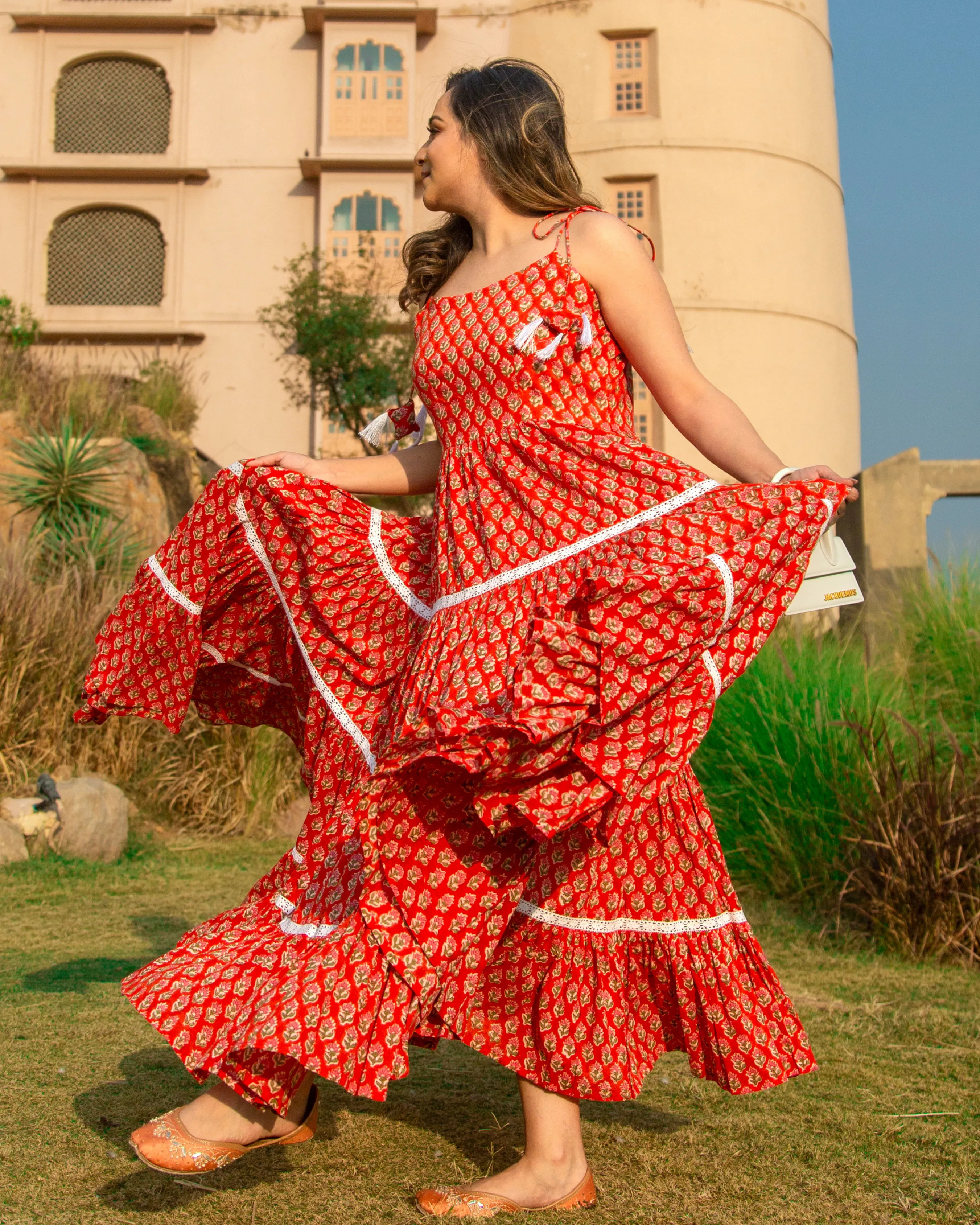 ORANGE PEEL HANDBLOCK COTTON DRESS