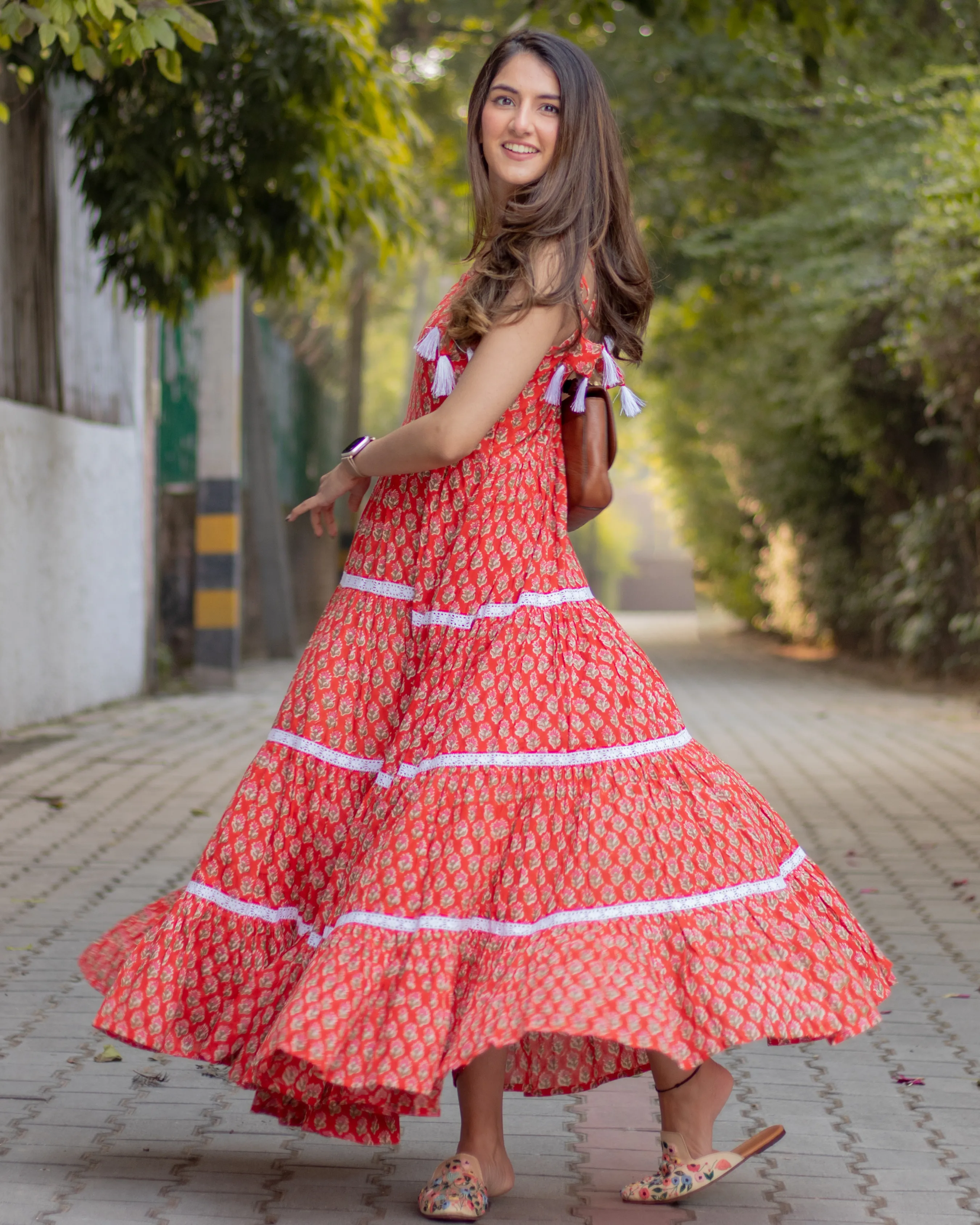 ORANGE PEEL HANDBLOCK COTTON DRESS