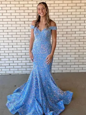 Periwinkle Mermaid Off the Shoulder Sleeveless Long Floor Length Velvet Sequin Prom Dress (AF1100)