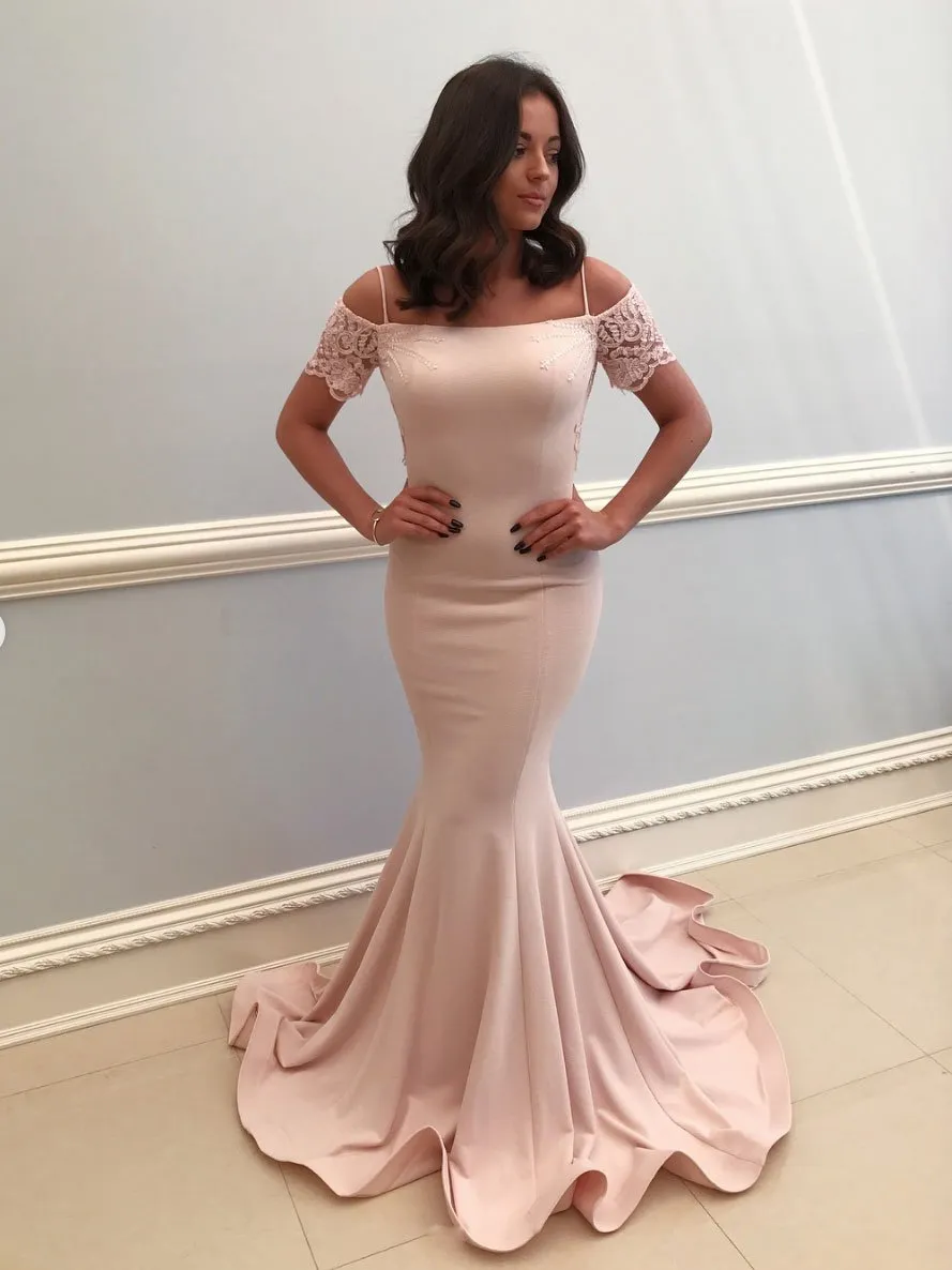 Pink lace satin mermaid long prom dress pink evening dress