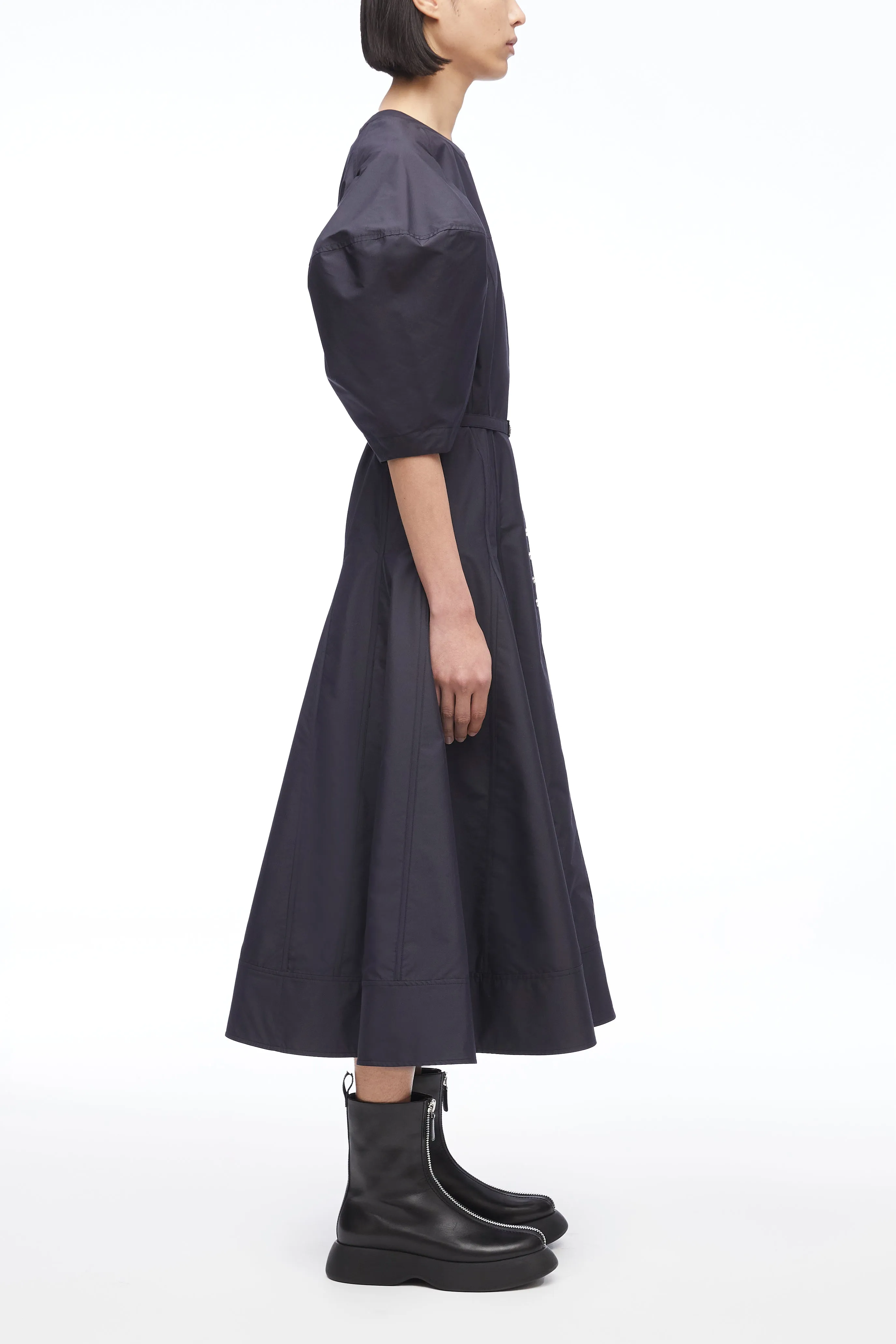 Puff Sleeve Belted Godet Midi Dress