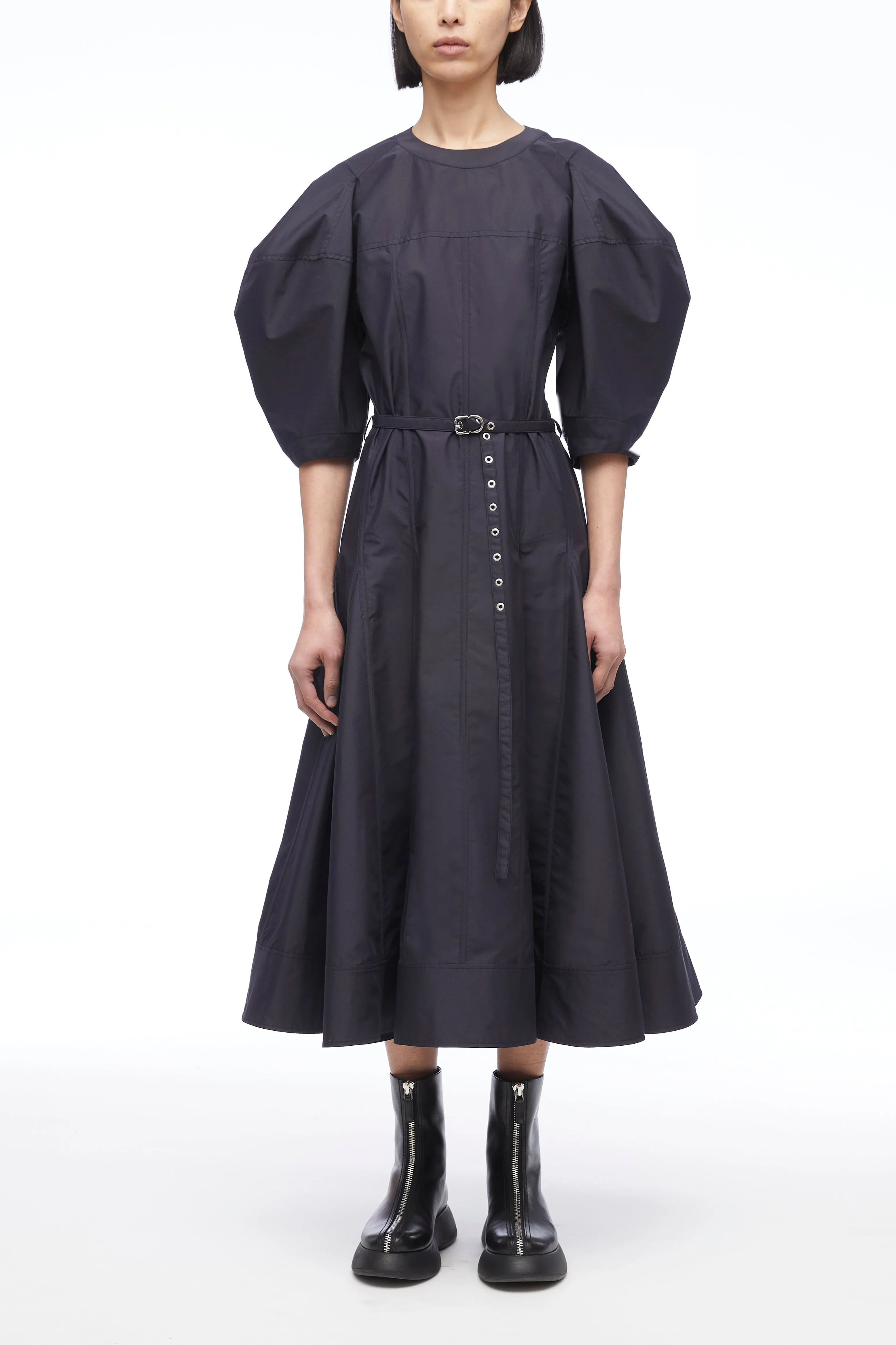 Puff Sleeve Belted Godet Midi Dress