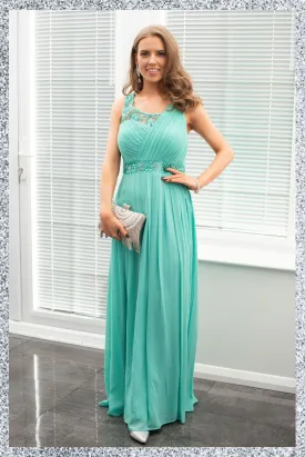 Sequinned A-Line Chiffon Gown with Embellished Belt- Mint Green