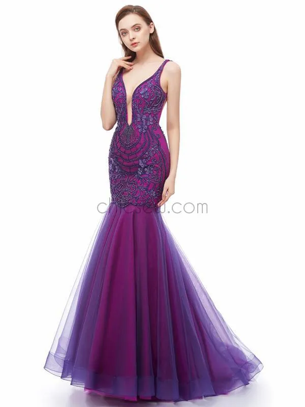 Sexy Mermaid Backless Deep V-neck Organza Beaded Prom Dress, YKX042