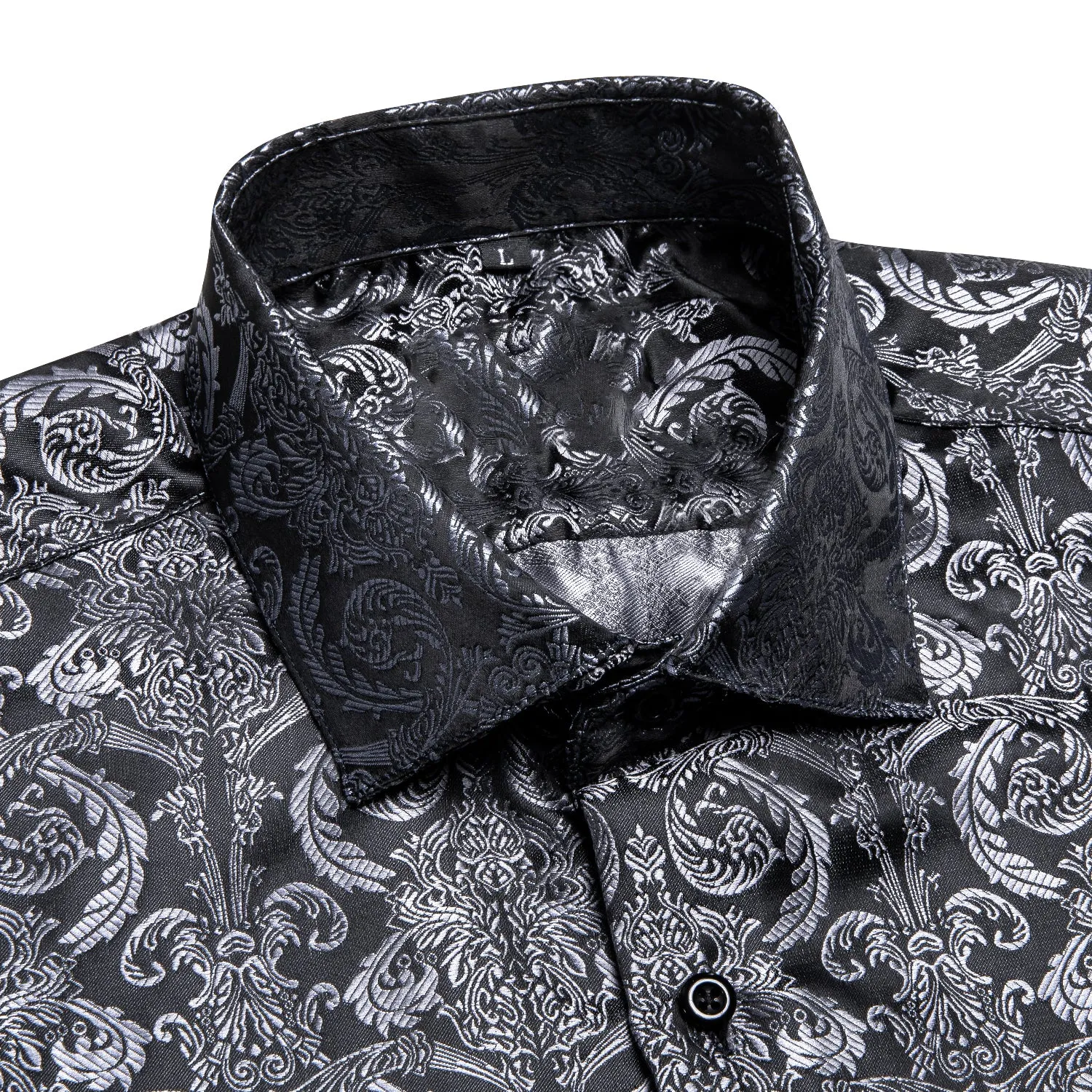 Silver Black Floral Silk Men's Short Sleeve Shirt