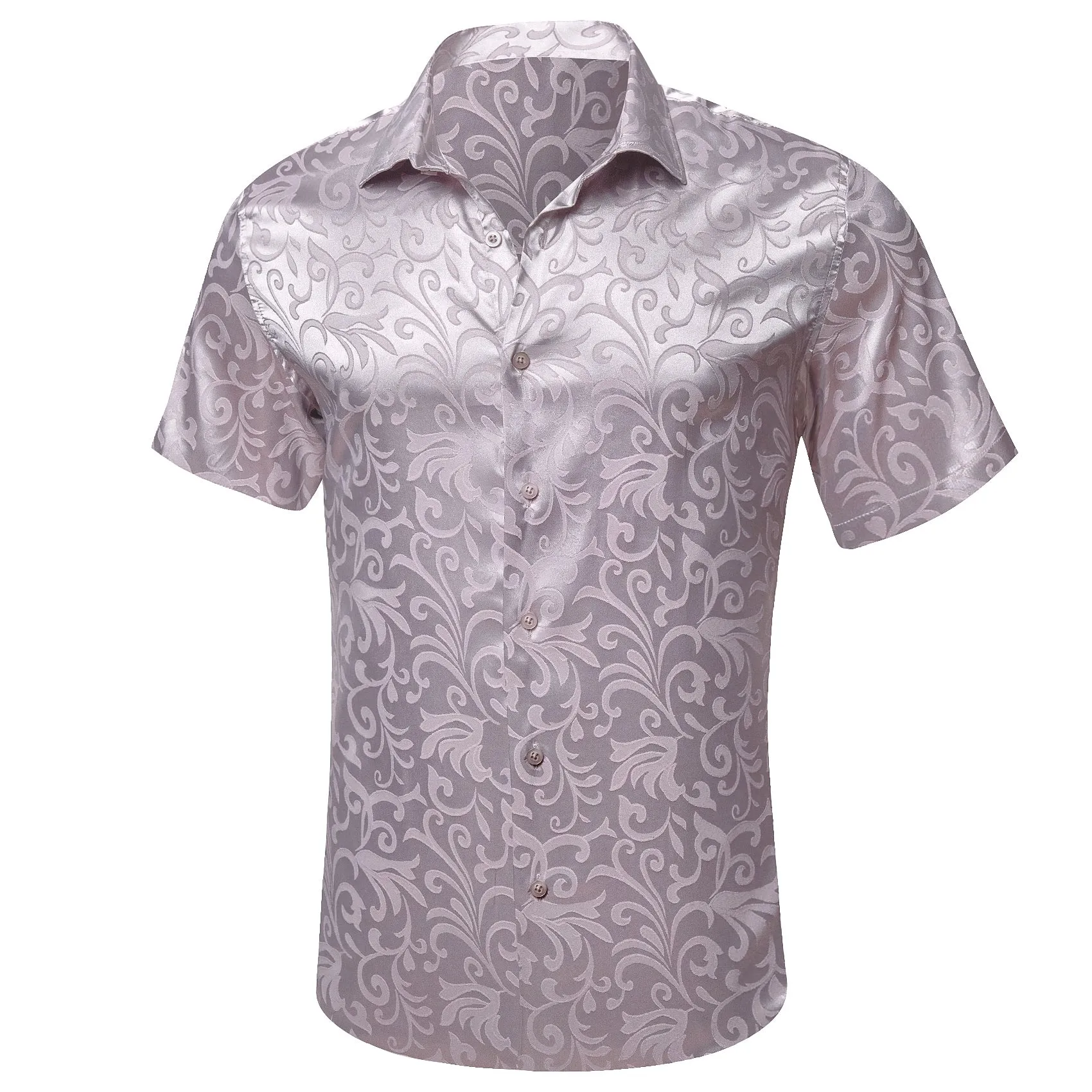 Silver Floral Leaf Silk Men's Short Sleeve Shirt