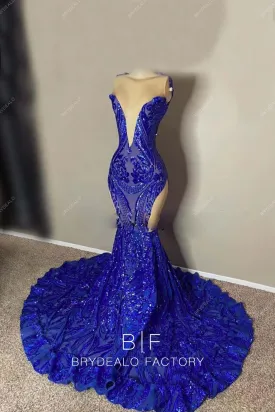Sleeveless Unique Royal Blue Sequin Mermaid Prom Dress