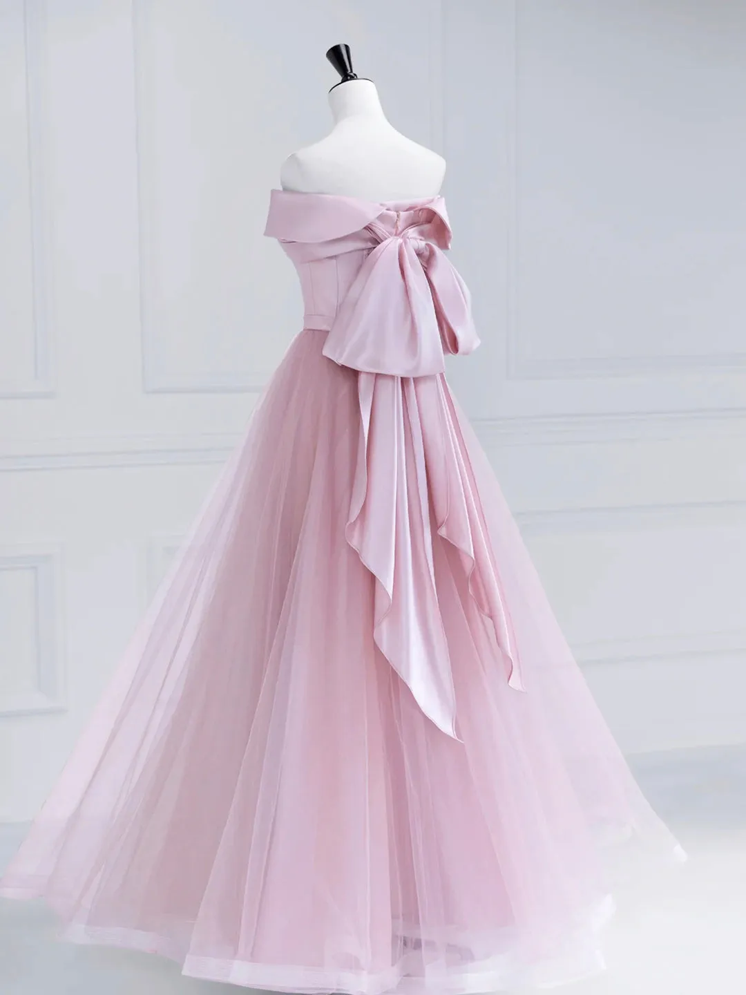 solvbao Pink Satin Tulle Long Prom Dress, Pink Off Shoulder Evening Dress