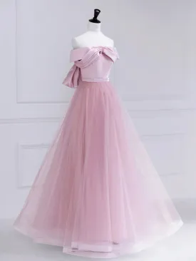 solvbao Pink Satin Tulle Long Prom Dress, Pink Off Shoulder Evening Dress