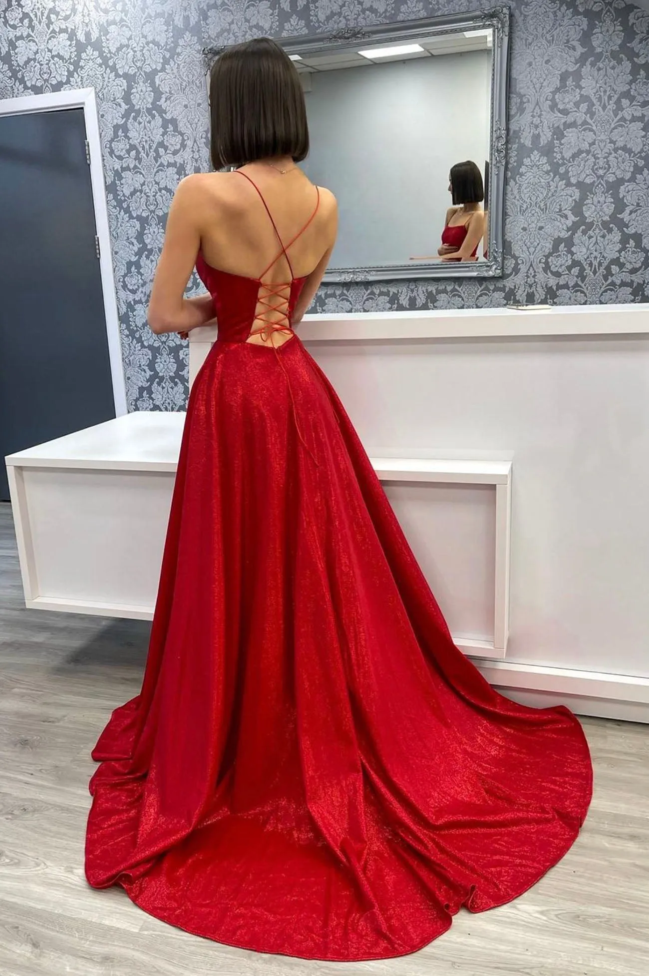 solvbao Red Satin Long A-Line Prom Dress, Red Backless Evening Dress with Slit