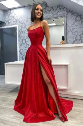 solvbao Red Satin Long A-Line Prom Dress, Red Backless Evening Dress with Slit