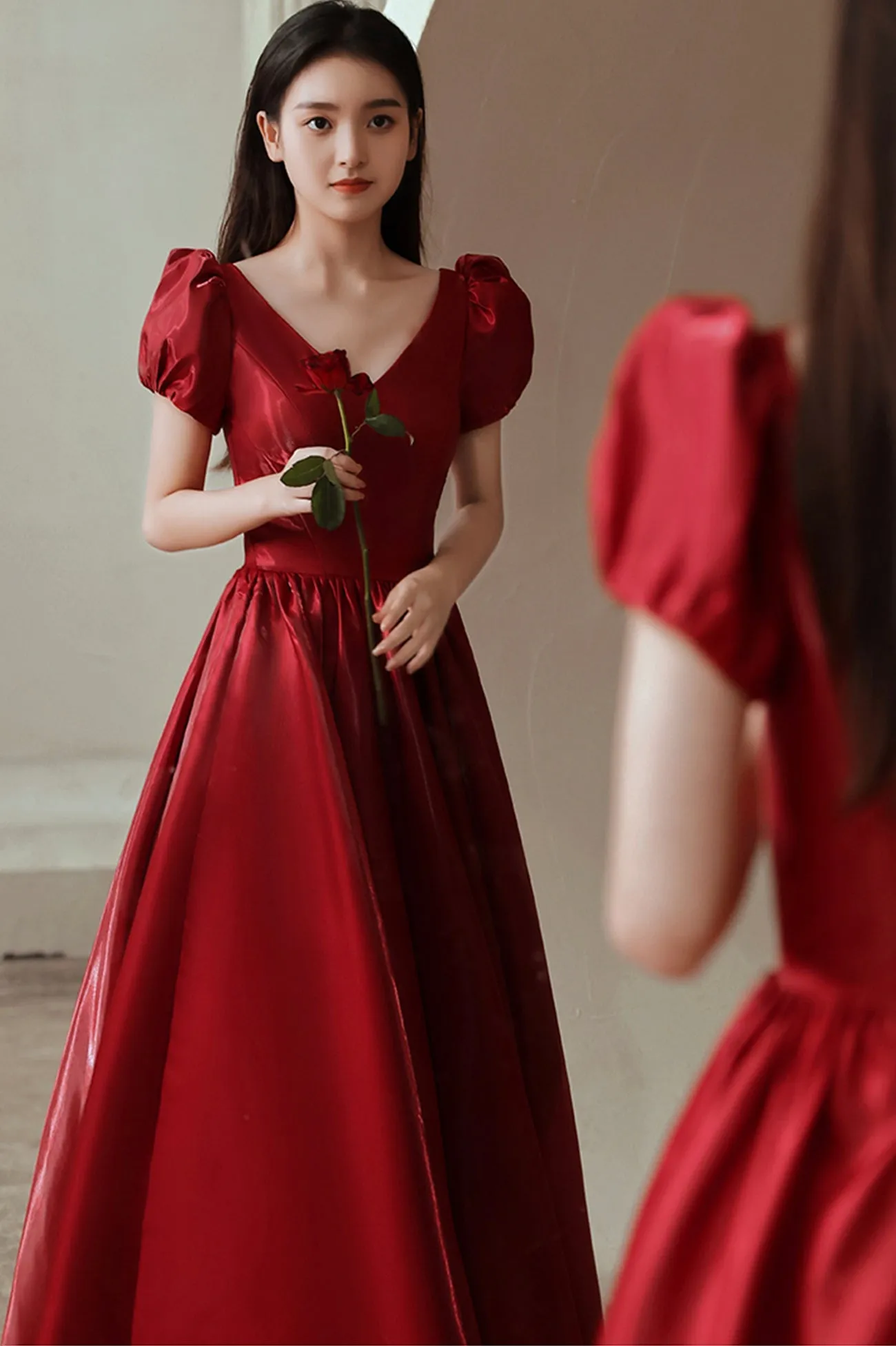 solvbao Red V-Neck Satin Long Prom Dress, A-Line Evening Dress