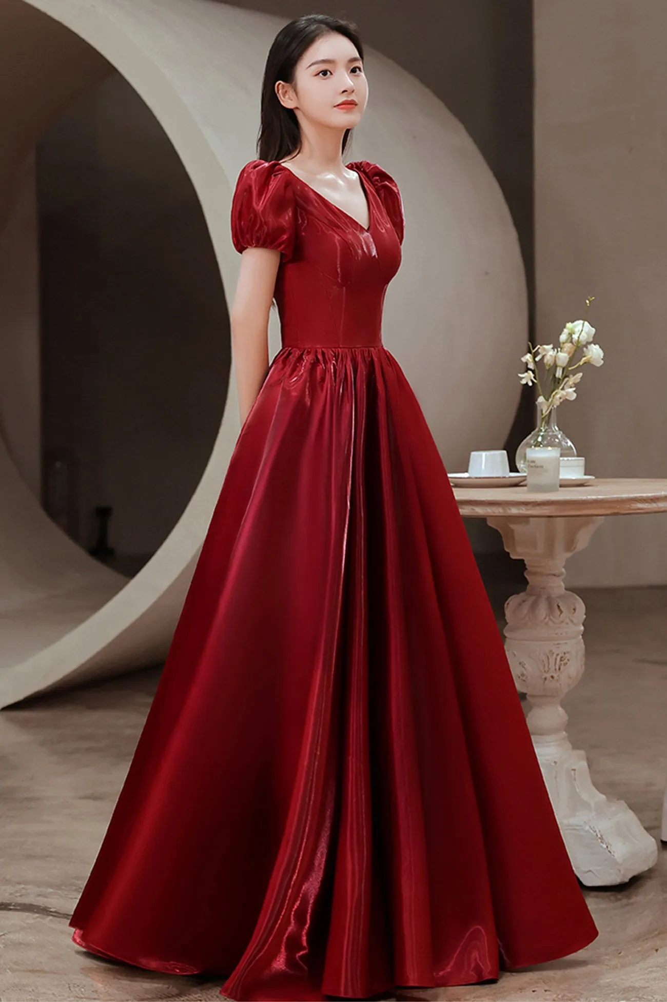 solvbao Red V-Neck Satin Long Prom Dress, A-Line Evening Dress