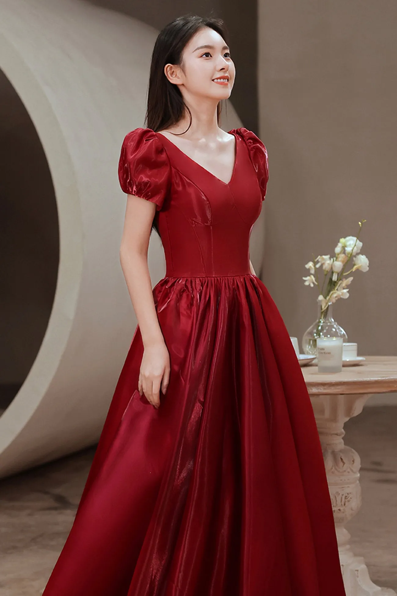 solvbao Red V-Neck Satin Long Prom Dress, A-Line Evening Dress