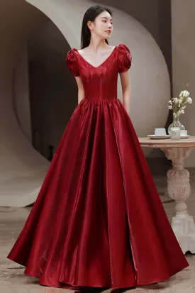 solvbao Red V-Neck Satin Long Prom Dress, A-Line Evening Dress