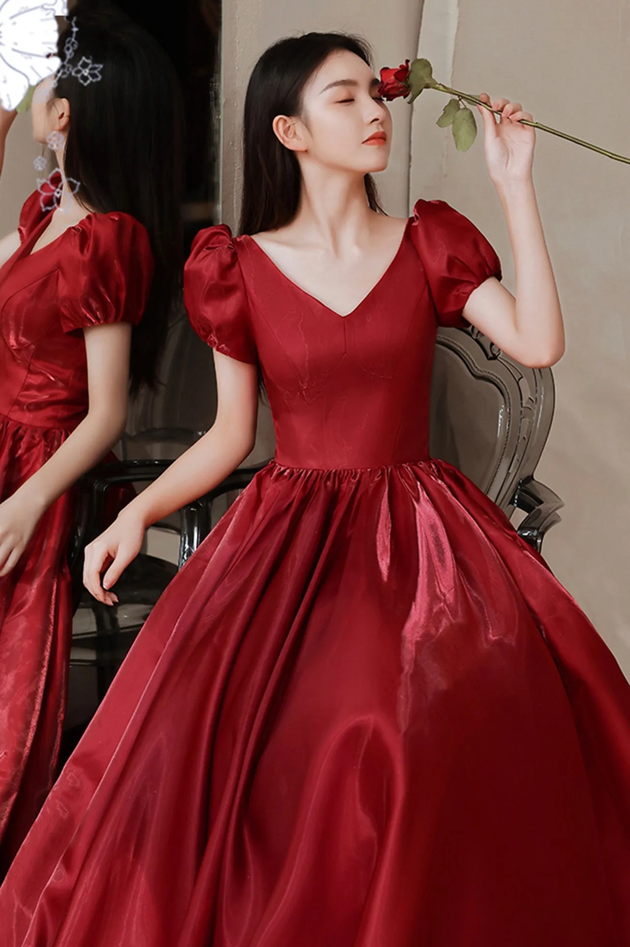 solvbao Red V-Neck Satin Long Prom Dress, A-Line Evening Dress