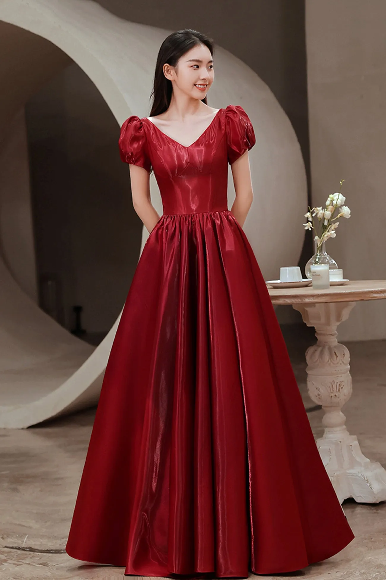 solvbao Red V-Neck Satin Long Prom Dress, A-Line Evening Dress