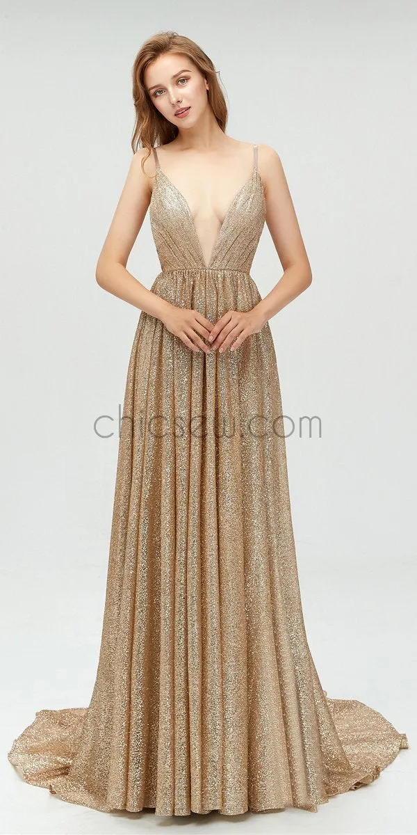 Sparkle V-neck Spaghetti Strap A-line Long Prom Dress SDP1102