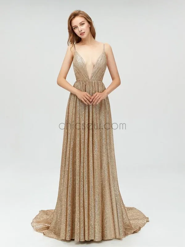 Sparkle V-neck Spaghetti Strap A-line Long Prom Dress SDP1102