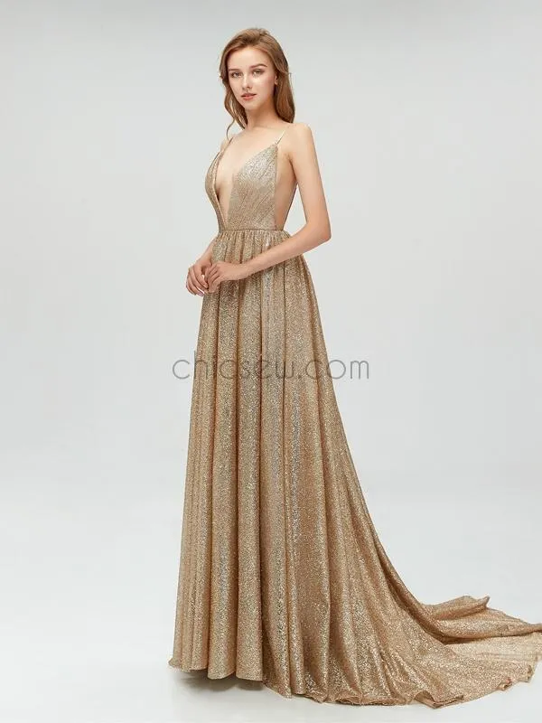 Sparkle V-neck Spaghetti Strap A-line Long Prom Dress SDP1102