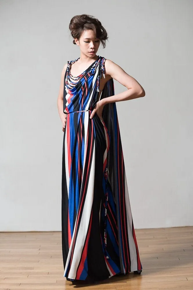 Striped Grecian Drape Dress