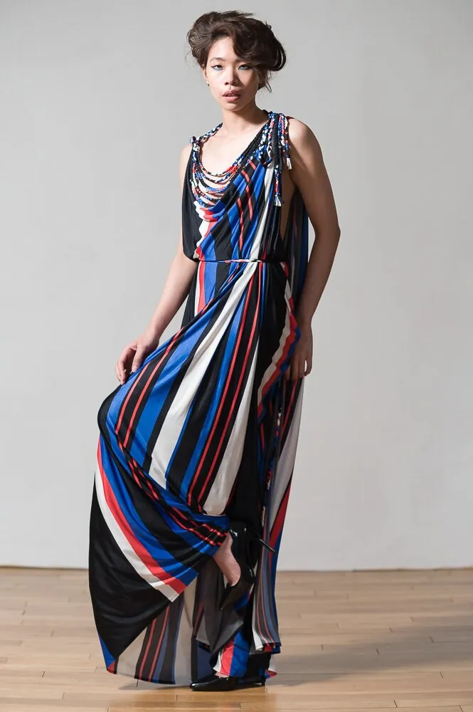 Striped Grecian Drape Dress