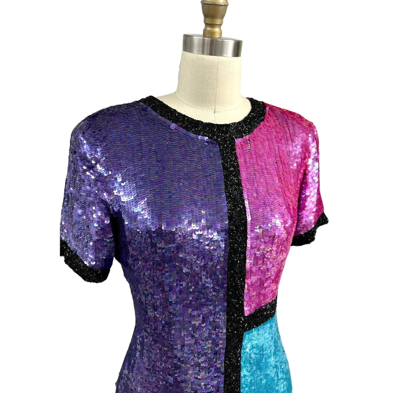 Stunning Neiman Marcus Bright Colorblock Sequin Dress Power Shoulders 1980s Sz S