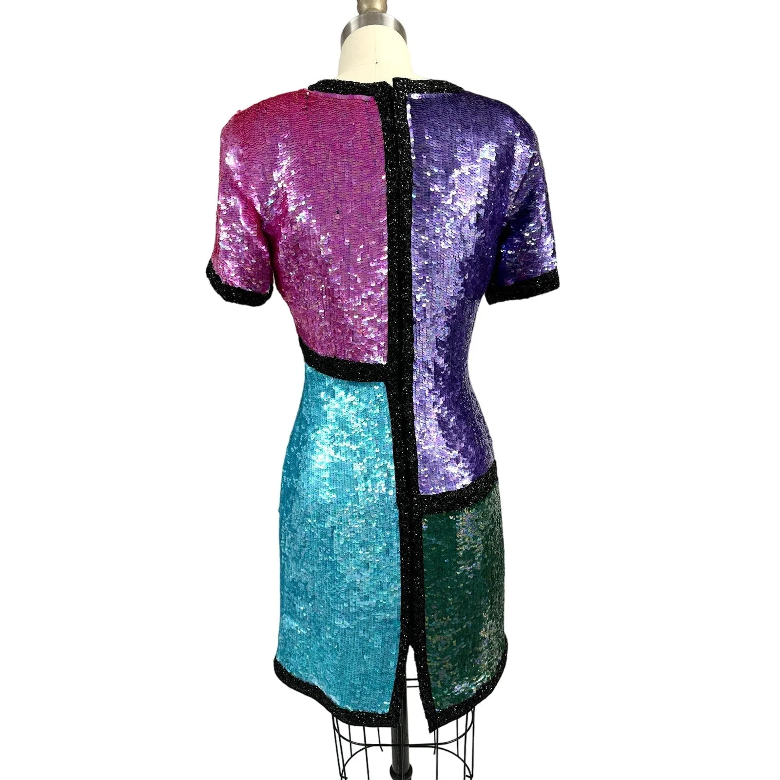 Stunning Neiman Marcus Bright Colorblock Sequin Dress Power Shoulders 1980s Sz S