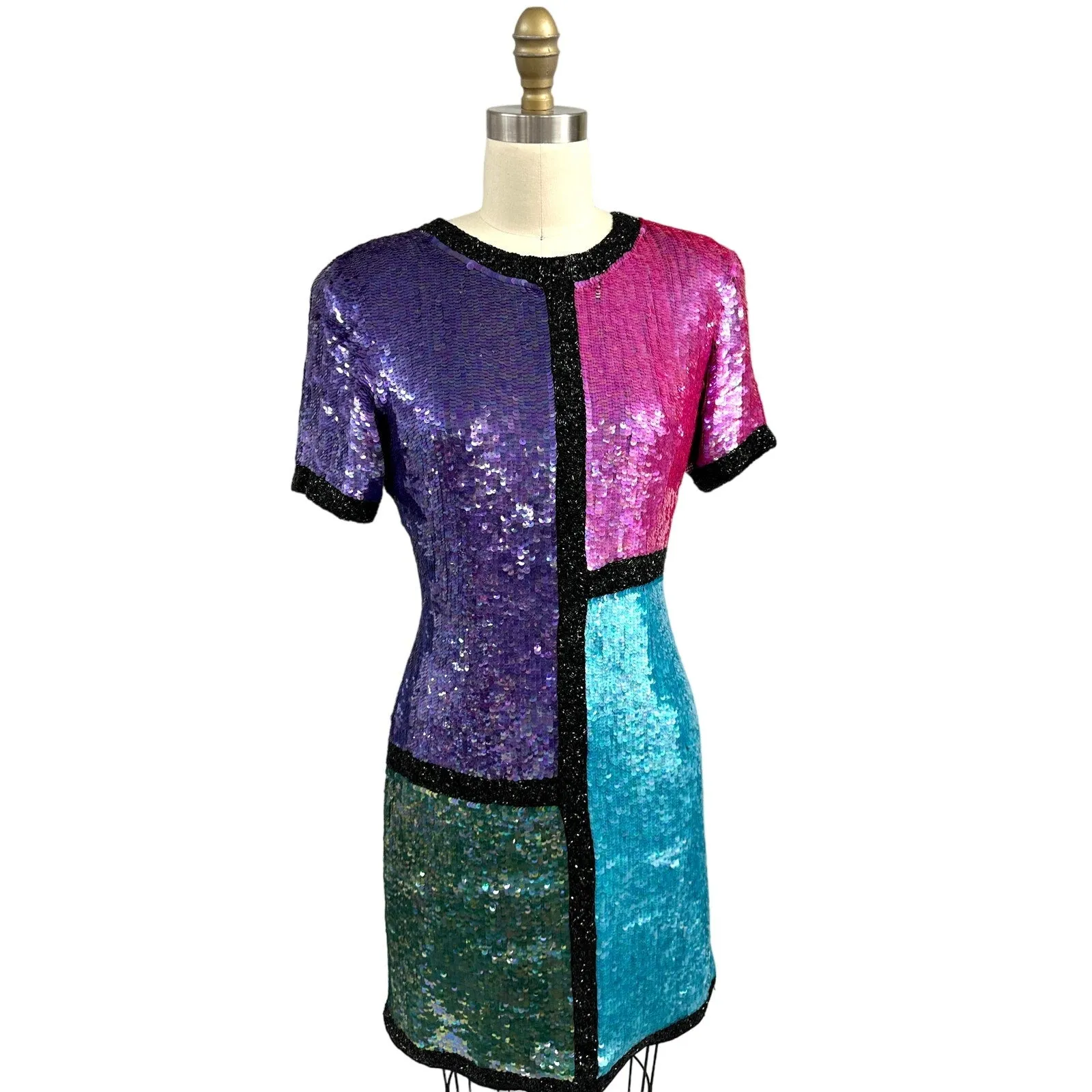 Stunning Neiman Marcus Bright Colorblock Sequin Dress Power Shoulders 1980s Sz S