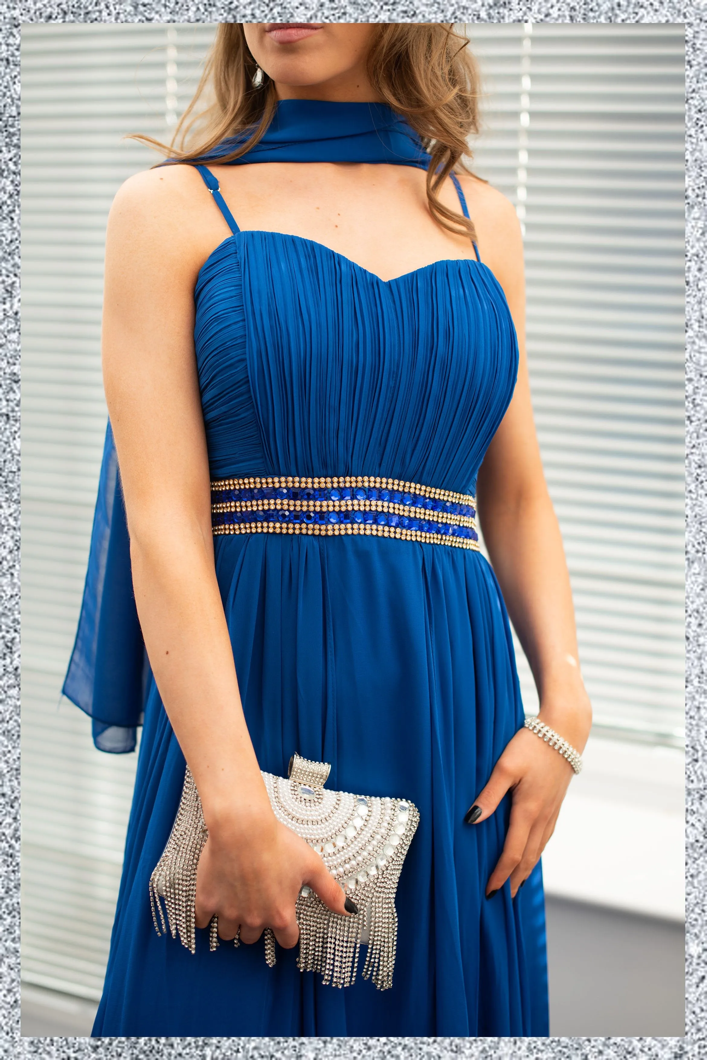 Sweetheart Neckline Embellished Waist Band Gown- Royal Blue