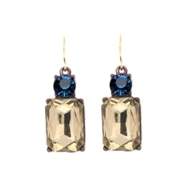 Twin Gem Crystal Drop Earrings in Antique Gold In Smoke & Deep Blue