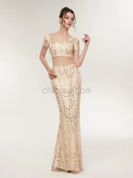 Two Pieces V Neck Mermaid Sequin Floor Length Long Evening Prom Dresses ,XDM1175