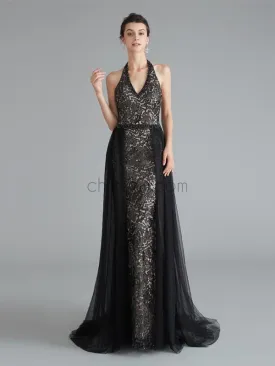 Unique Black Halter Backless A Line Tulle Long Evening Prom Dresses, XDM1180