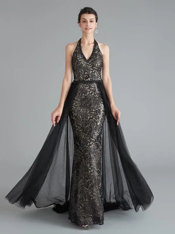 Unique Black Halter Backless A Line Tulle Long Evening Prom Dresses, XDM1180