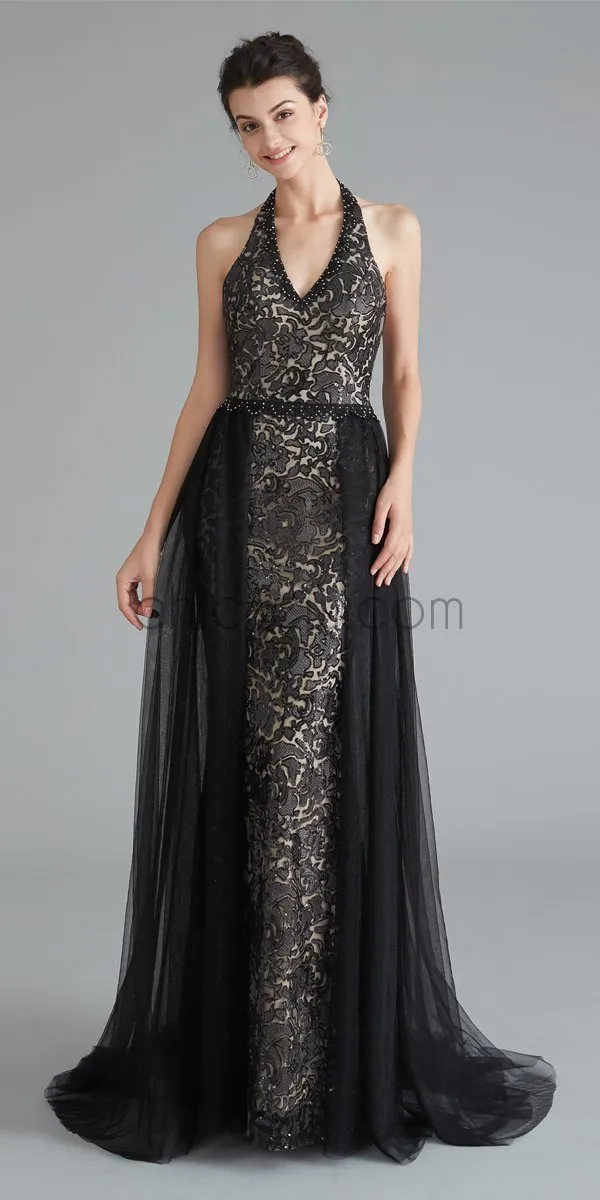 Unique Black Halter Backless A Line Tulle Long Evening Prom Dresses, XDM1180