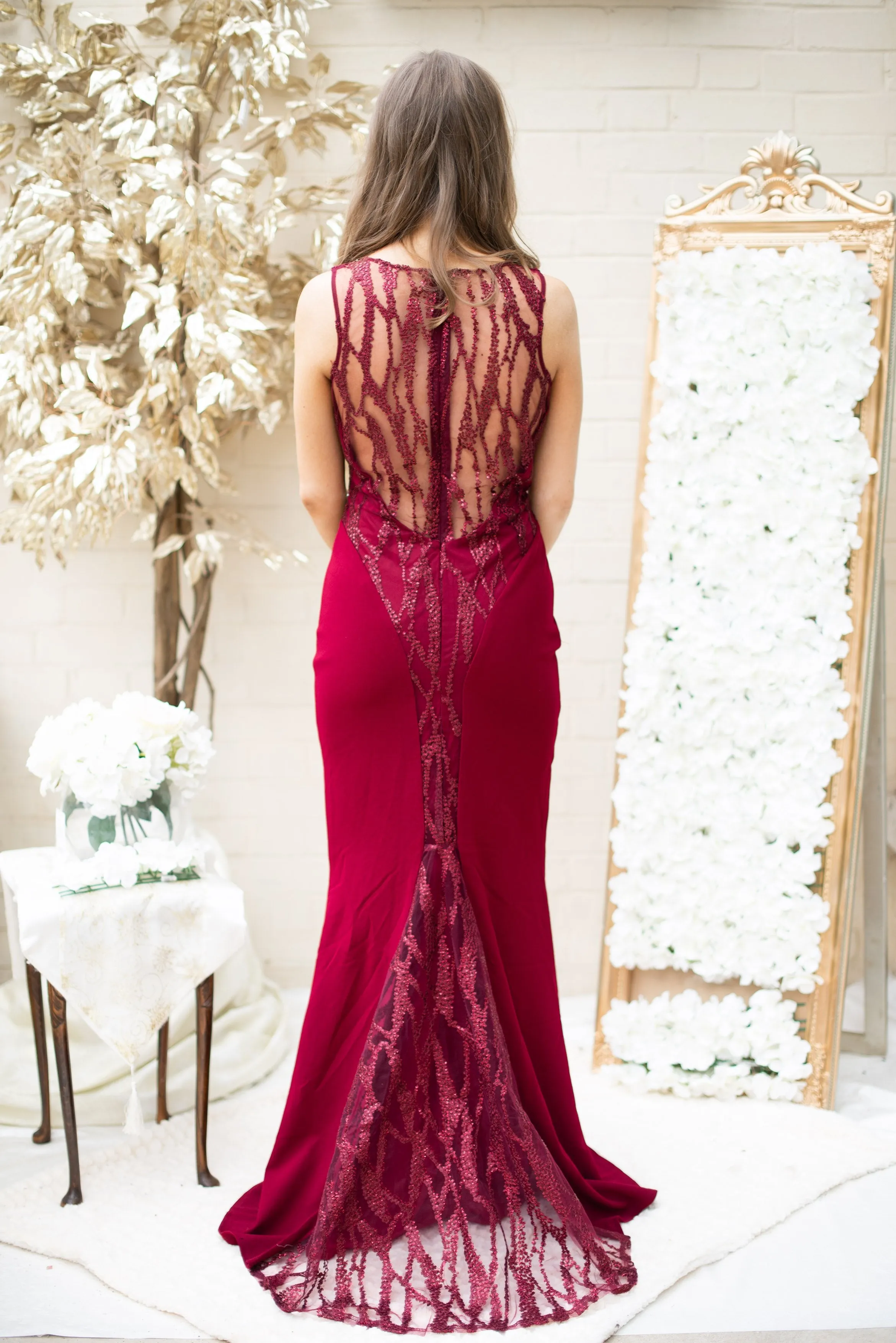 V Neck Panel Maxi Dress- Wine